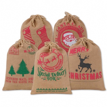 Christmas Santa Linen  Drawstring Gift Bags