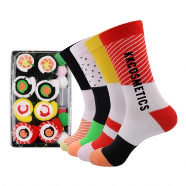 Customizable Set of 4 Sushi Pattern Cozy Socks Box(One Size)