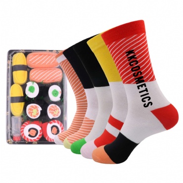 Customizable Set of 5 Sushi Pattern Cozy Socks Box(One Size)