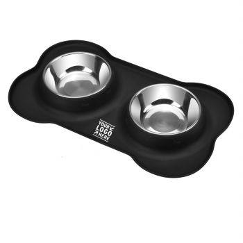 Double Stainless Steel Treat Bowls With Bone Shaped Silicone Mat For Small Pets